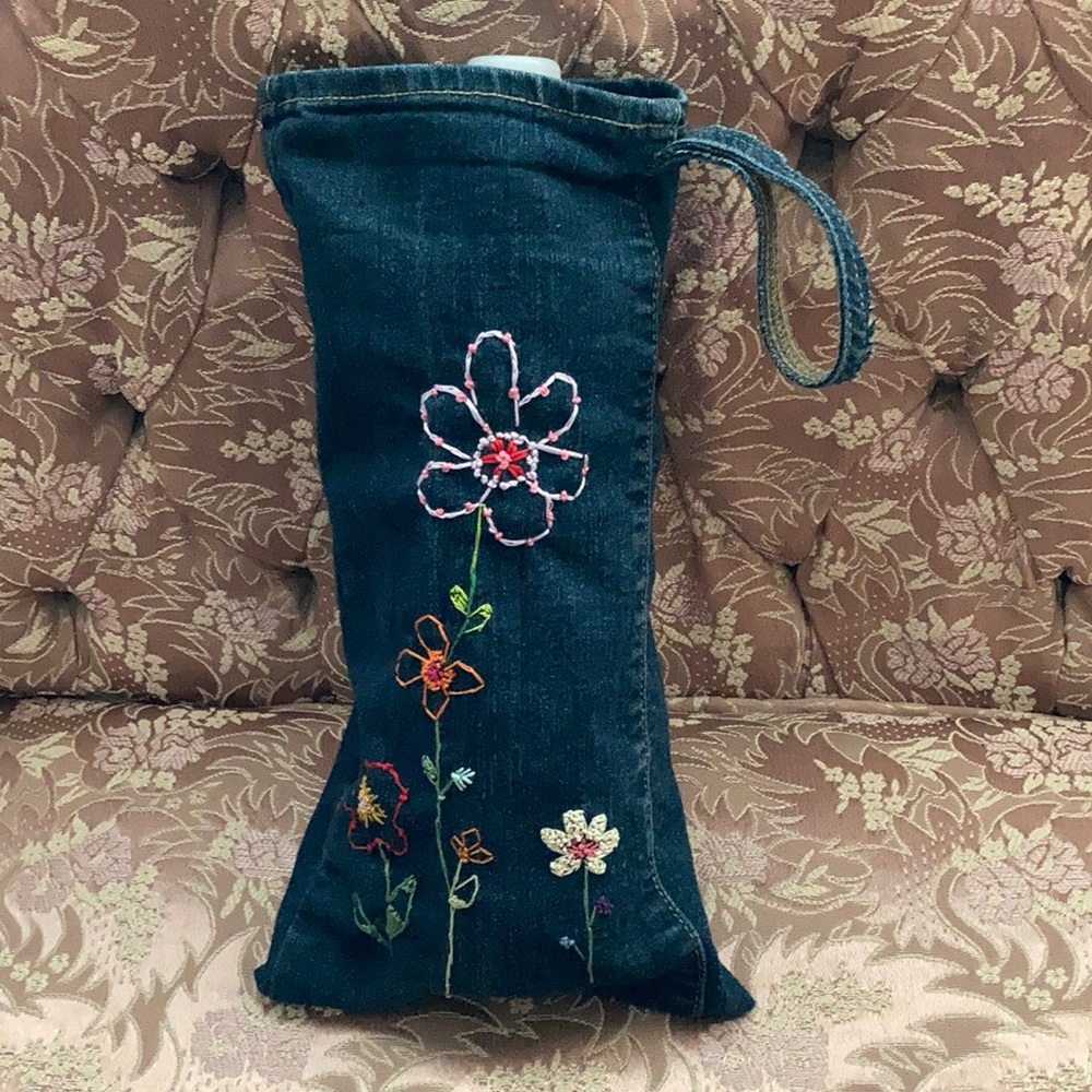NEW hand sewn denim flower water wine bag